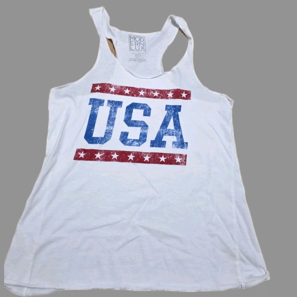 Vintage Modern Lux Tank Top Women’s XL White USA Distressed Look Tank Top Sleeveless Scoop Neck Pullover Casual Regular Size XL / US 12-14 / IT 48-50 - 1 Thumbnail