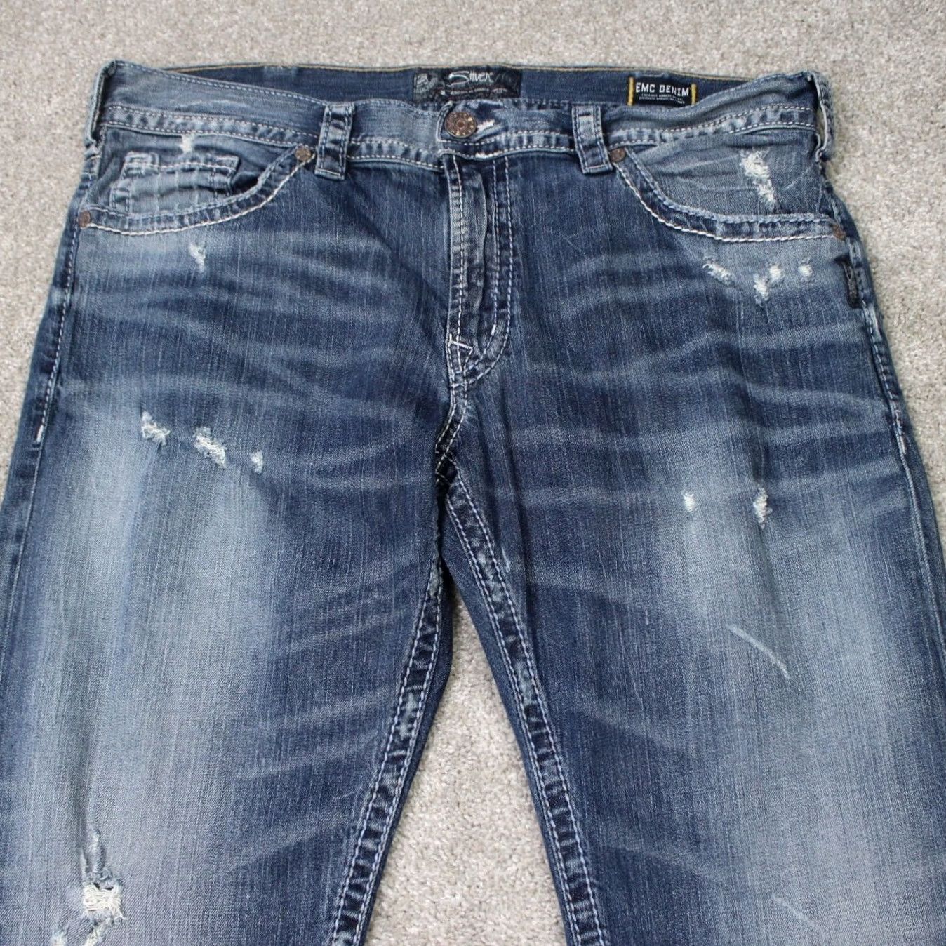Silver Jeans Co. Silver Jeans Eddie Mens 40x30 Blue Distressed Relaxed Stretch Denim Jeans Size 40 Mens Size US 40 / EU 56 - 2 Thumbnail