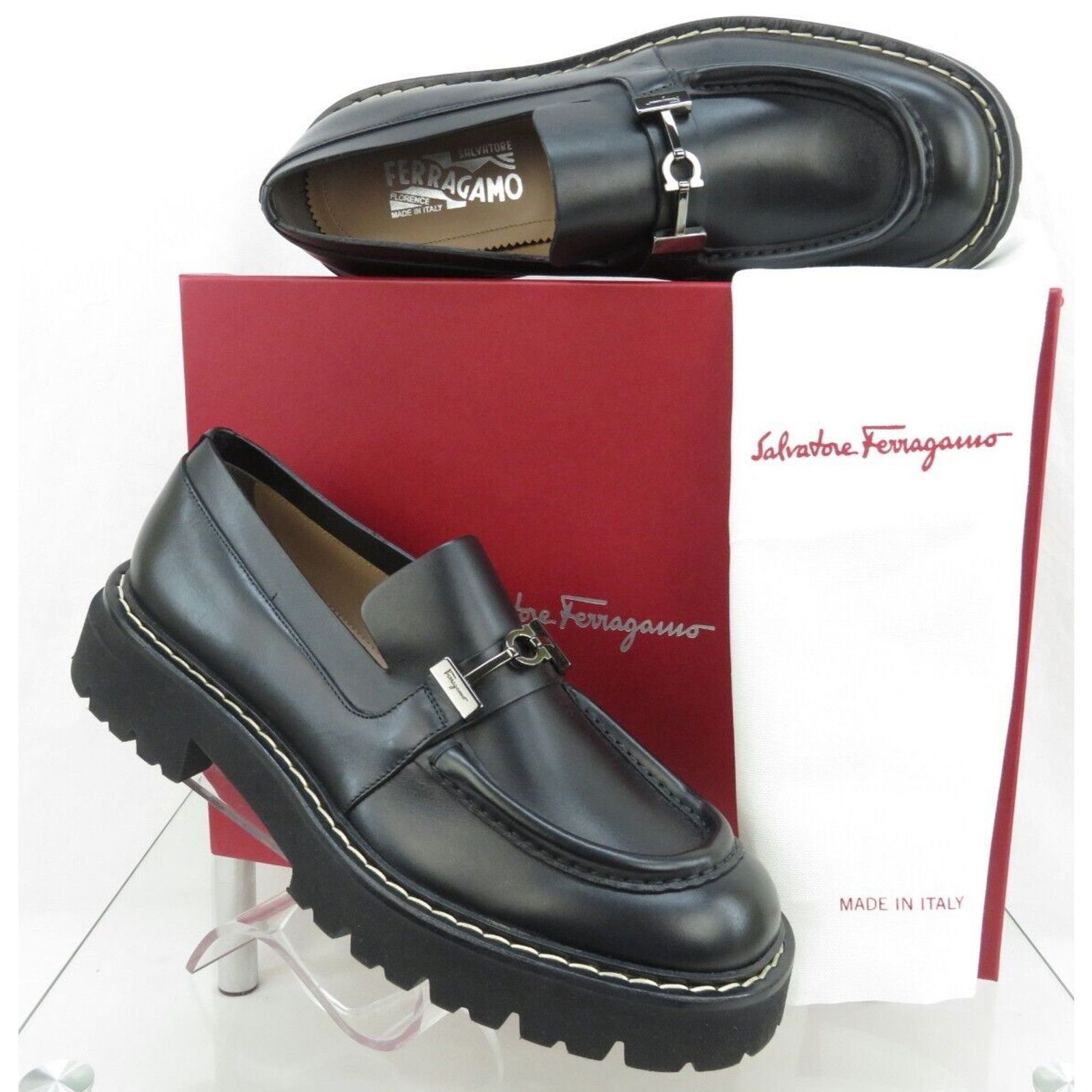 Salvatore Ferragamo FERRAGAMO IGNAZIO BLACK LEATHER GANCINI LUG LOAFERS 11.5 M Size US 11.5 / EU 44-45 - 1 Thumbnail