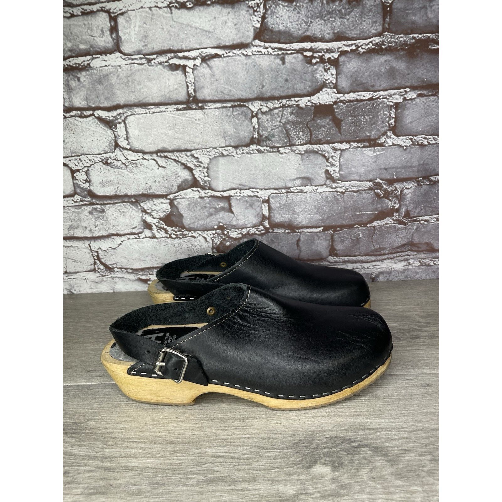 Miansai MIA Alma Swedish Black Leather Wooden Heel Strap Clogs Women Size US 9.5 / IT 39.5 - 11 Thumbnail
