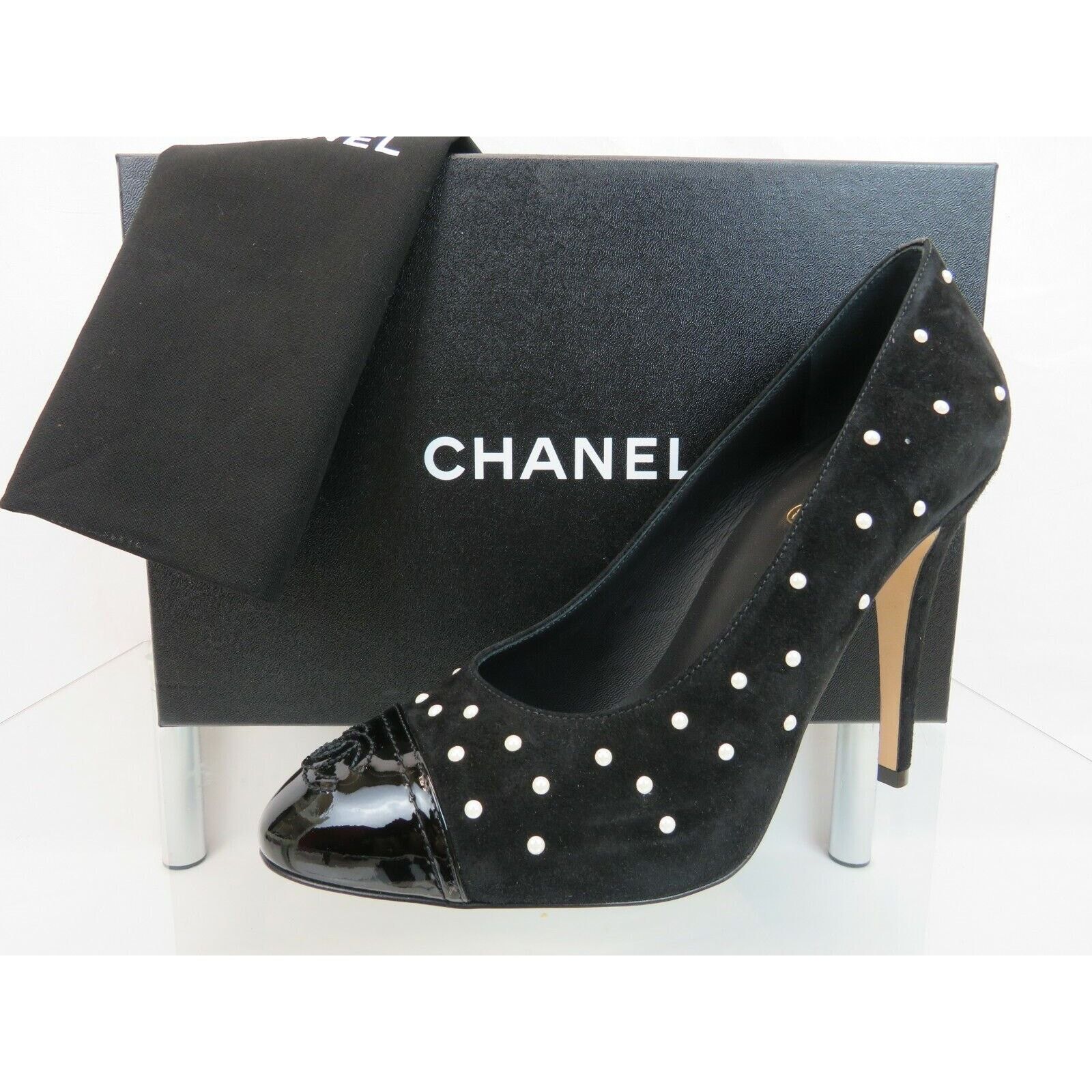 Chanel G33422 BLACK SUEDE PATENT LEATHER CAP TOE PEARLS PUMPS 39 Size US 9 / IT 39 - 3 Thumbnail