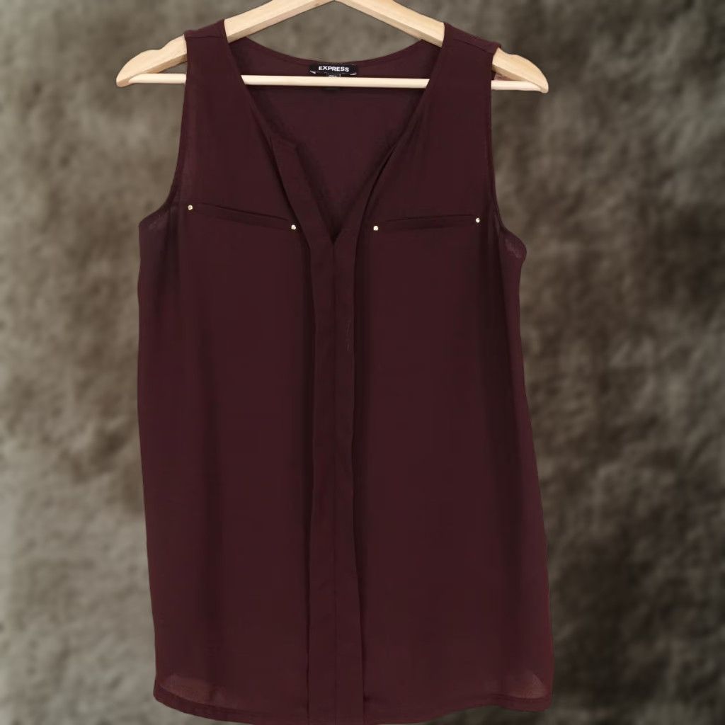 Express Express Sleeveless Blouse Womens Medium Burgundy V-Neck High Low Top Career Chic Size M / US 6-8 / IT 42-44 - 1 Thumbnail