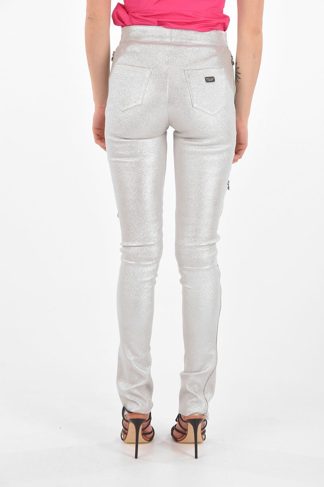 Philipp Plein og1mm0824 Glittery Leather Pants With Side Zip in Silver Size 28" / US 6 / IT 42 - 2 Thumbnail