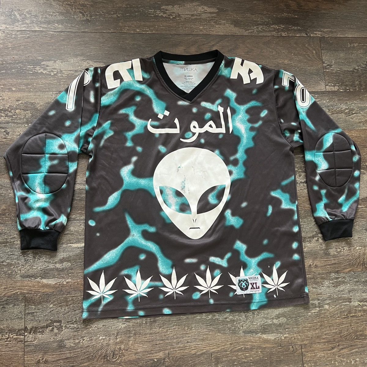 image of Made In USA x Mishka Cannabis Long Sleeve Hockey Jersey Y2K Alien in Black, Men's (Size XL)