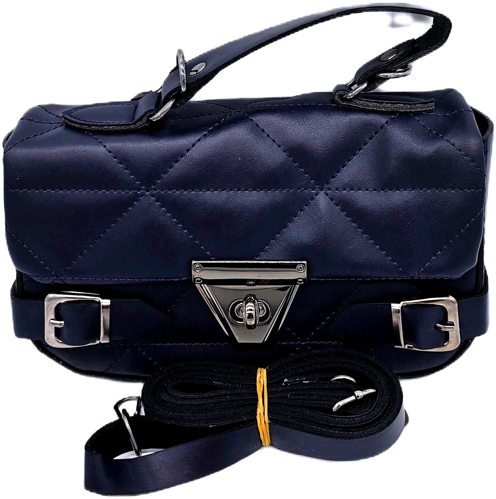 Unknown London Quilted Navy Blue Handbag with Silver Hardware and Detailing Size ONE SIZE - 3 Thumbnail