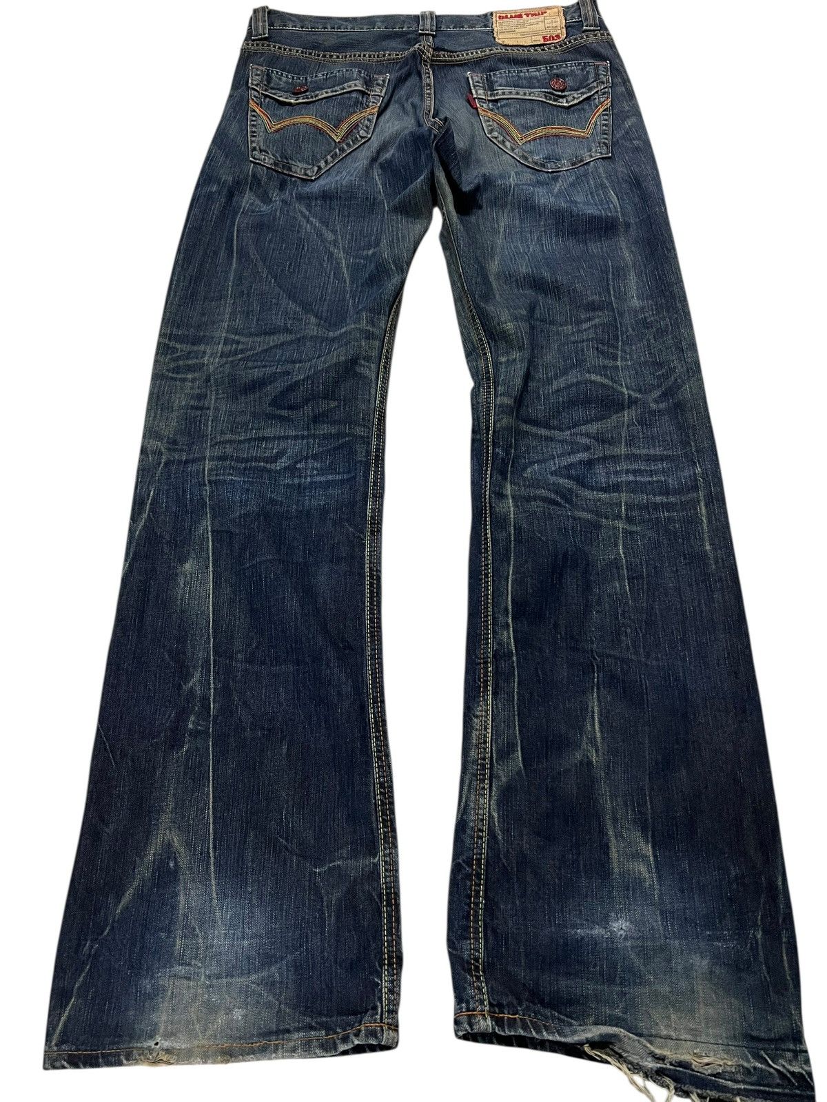 Edwin × Vintage 💥Flare💥Edwin 503 Blue Trip Distress Jean Size US 35 - 2 Thumbnail