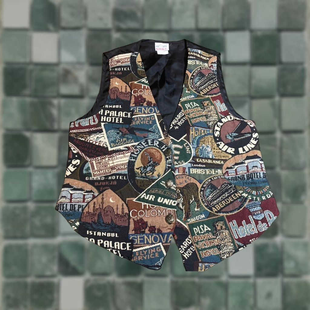 New Republic VINTAGE Denim Republic Vest Jacket Womens Large Made In USA Travel Pattern USA Geometric Short Sleeveless Blue Denim Jacket/Coat Womens L Size L / US 10 / IT 46 - 1 Thumbnail