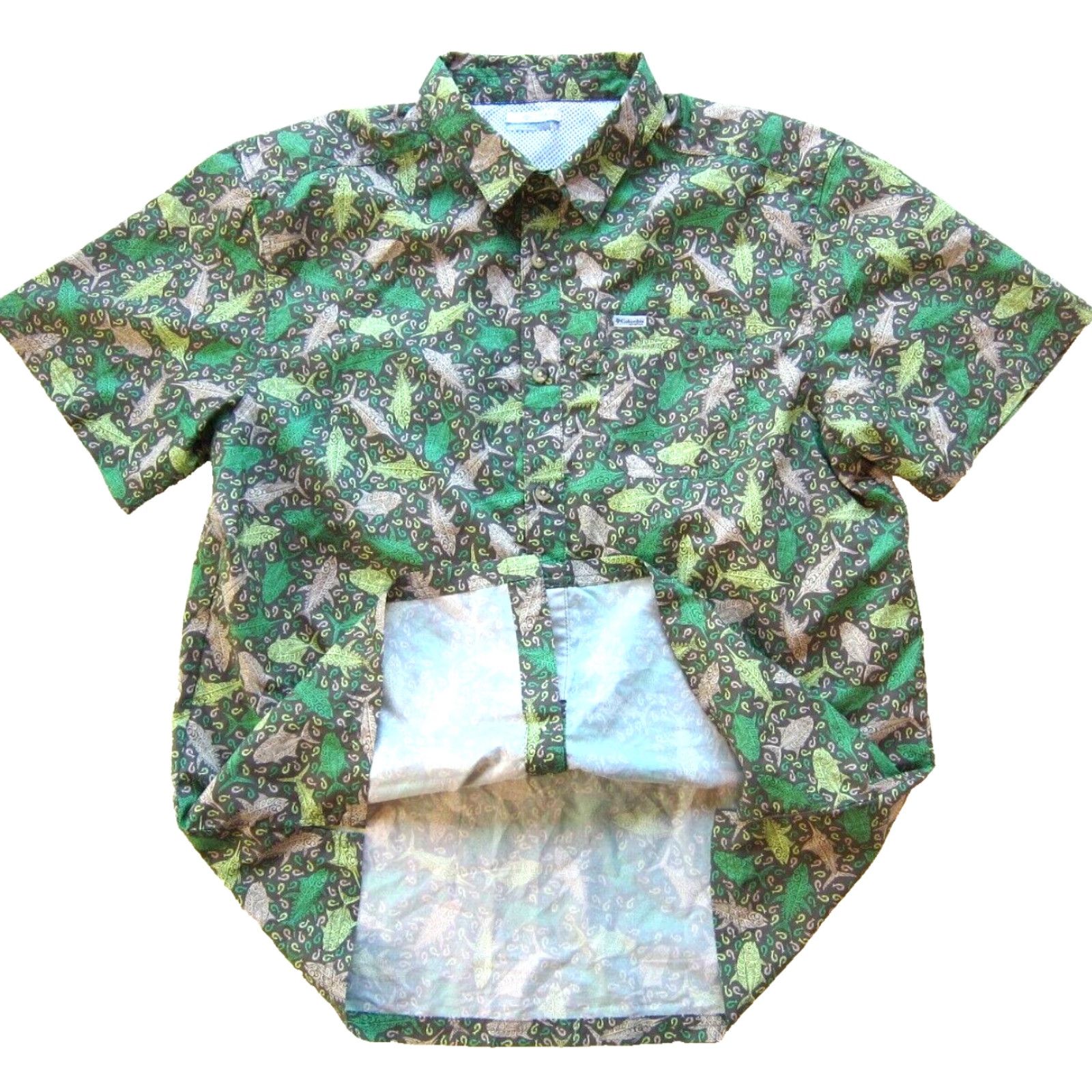 Pinko Columbia Shirt Button-Up Hawaiian Short Sleeve Fish Hook Large Mens Gray Green Pink Collar-Down 100% Polyester Size US L / EU 52-54 / 3 - 5 Thumbnail