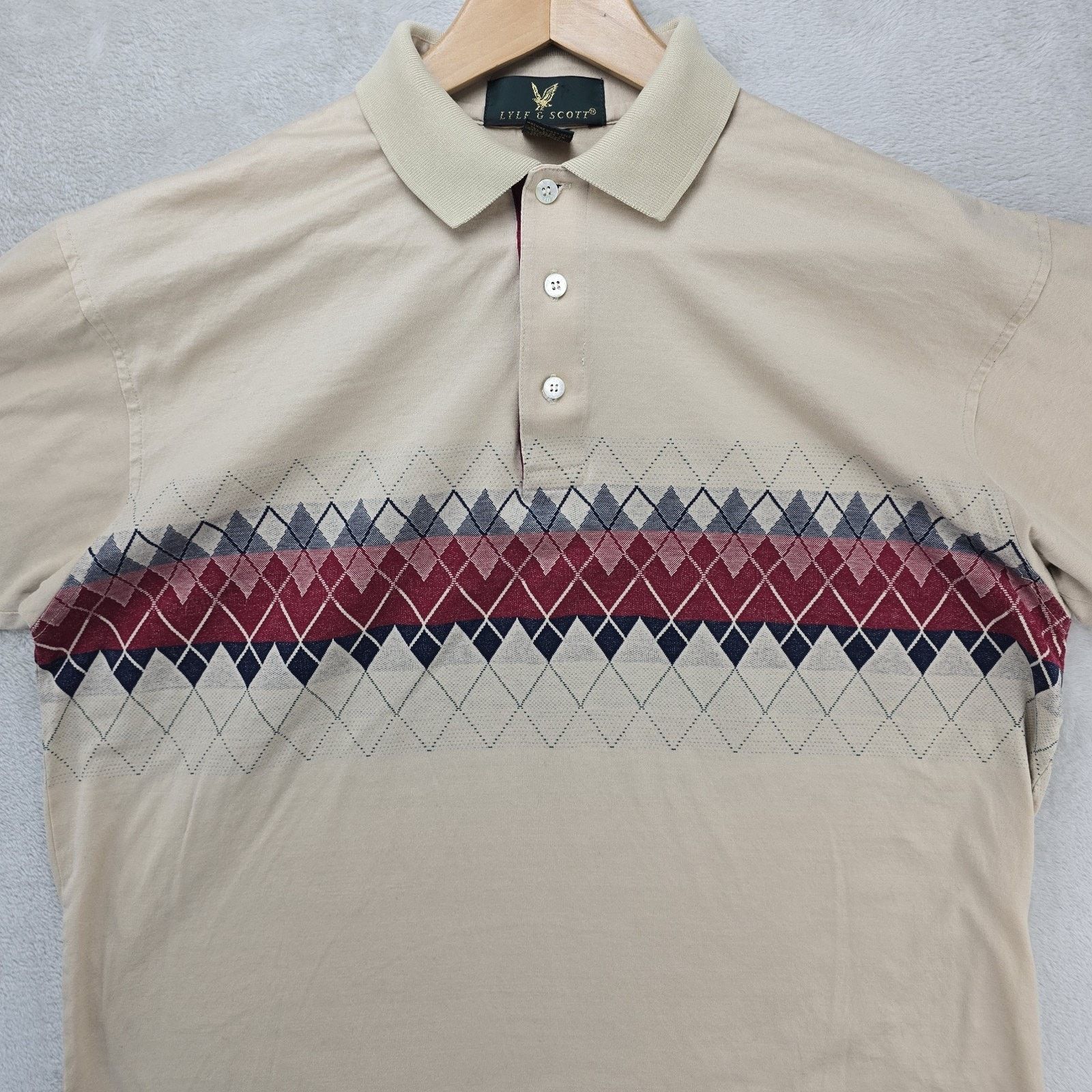 Lyle & Scott Vintage Lyle & Scott Polo Shirt Mens Large Beige Golf Argyle Size US L / EU 52-54 / 3 - 2 Thumbnail