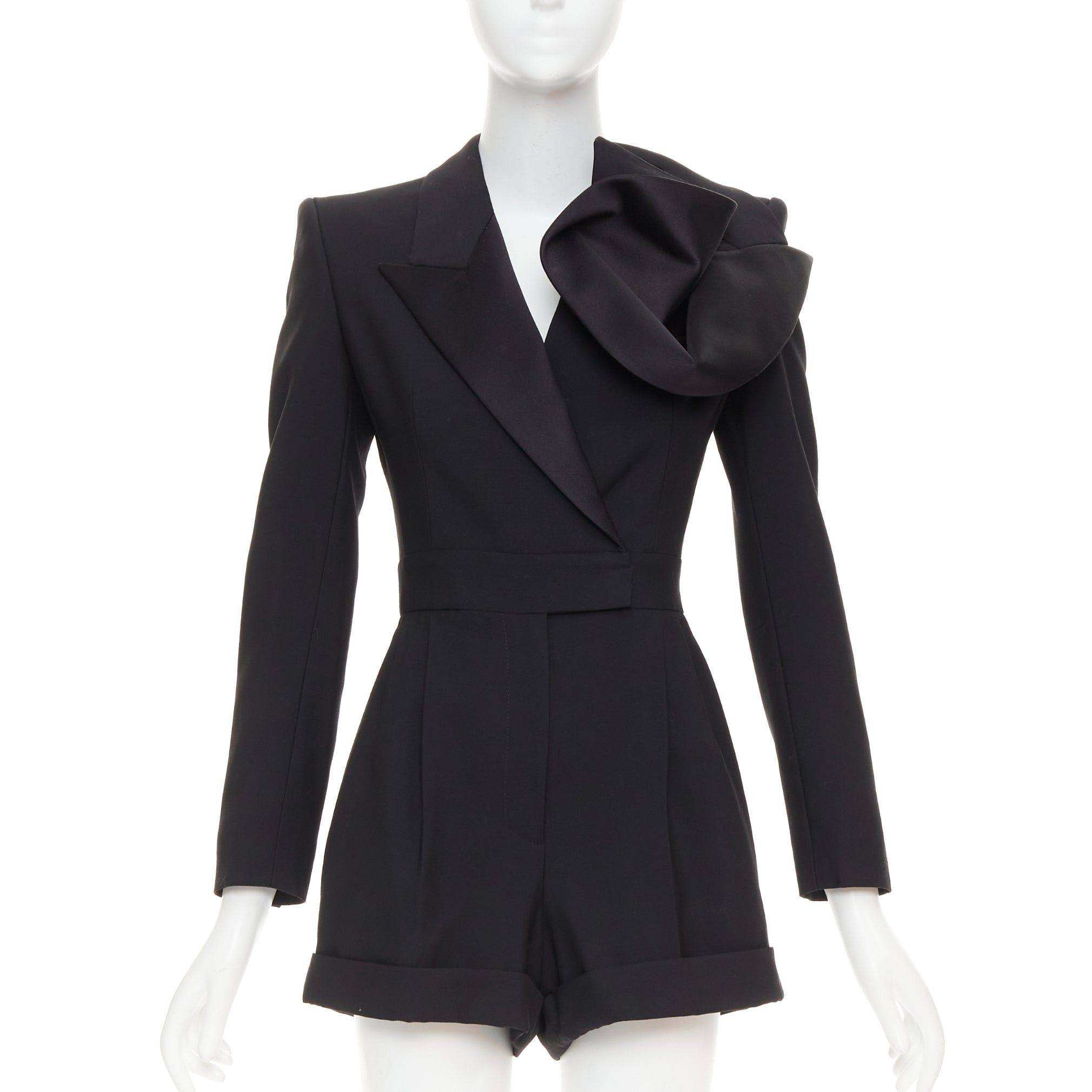 Alexander McQueen ALEXANDER MCQUEEN 2023 Orchid embellished black slim fit wool playsuit IT36 XS Size 25" / US 0 / IT 36 - 1 Thumbnail