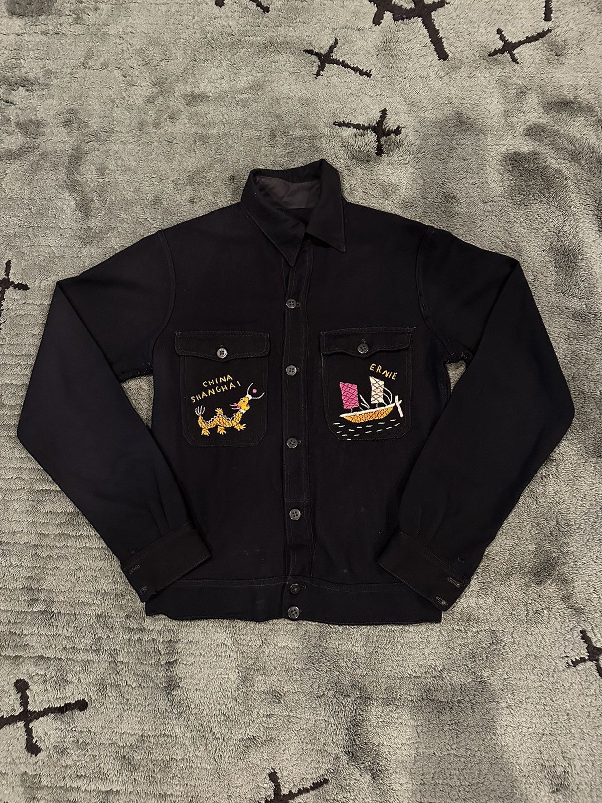 Bode × Vintage WWII Navy Wool Hand Embroidered Chinese Souvenir Jacket ...
