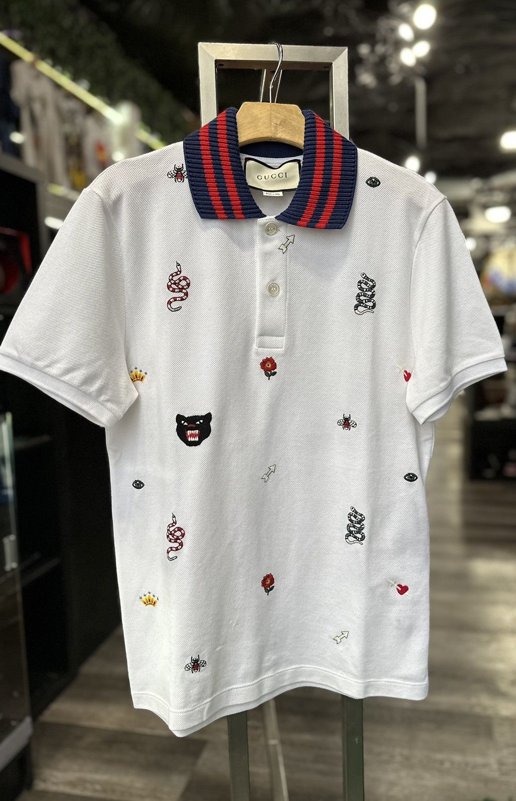 image of Gucci Printed Collar Polo Shirts in White, Men's (Size Small)