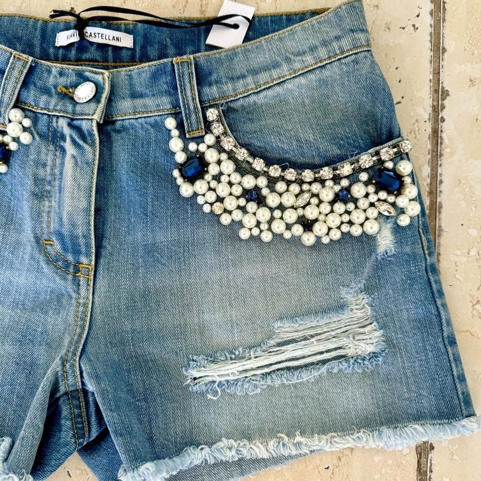 Other New! Flavio Castellani Jeans Shorts, Size 40 Crystals/Pearls Size 27" / US 4 / IT 40 - 3 Thumbnail