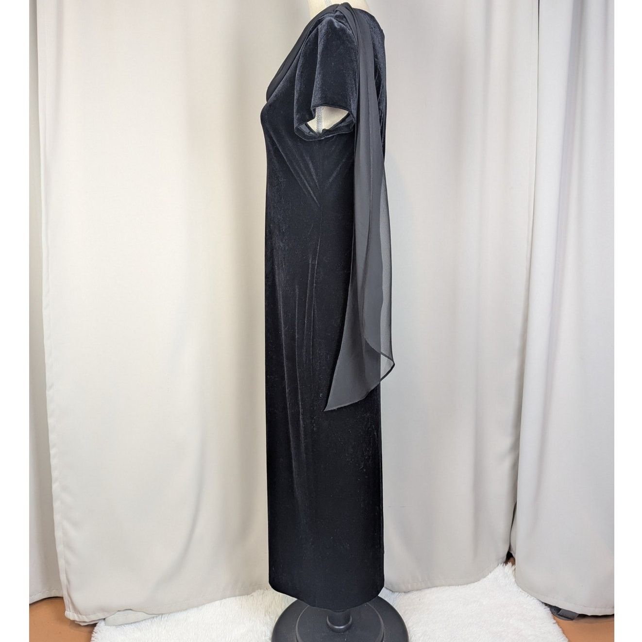 90s Vintage Velvet Short Sleeve Dress Gown Chiffon Scarf