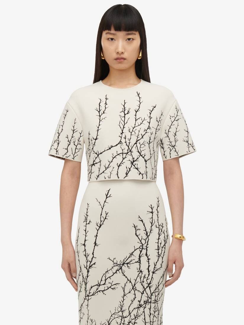 Alexander McQueen o1srvl11e0326 Thorn Branches Crop Top in Ivory/Black Size M / US 6-8 / IT 42-44 - 2 Thumbnail