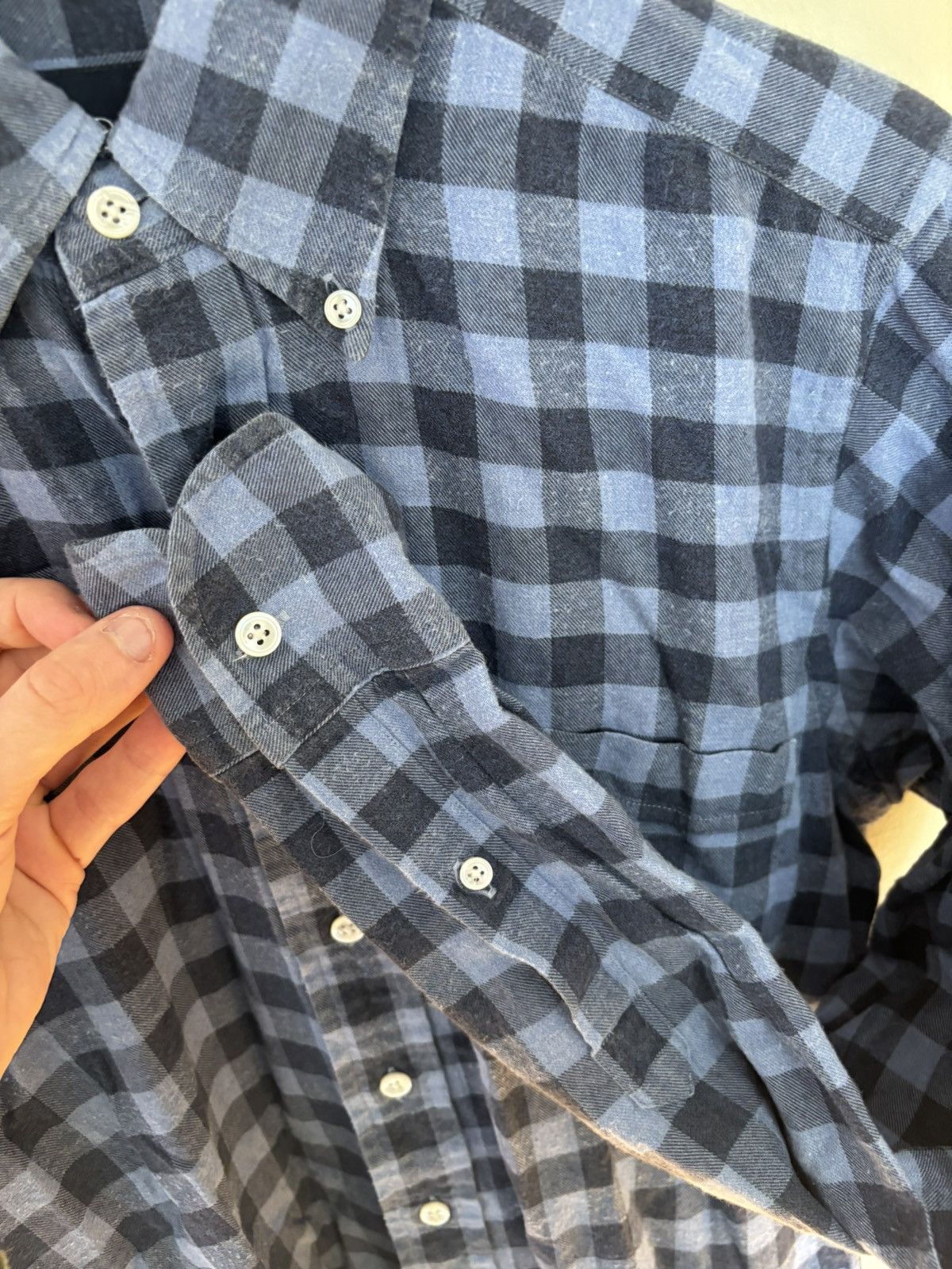 Drake's Button-Down Flannel Shirt Made in England (Blue/Grey) Size US M / EU 48-50 / 2 - 4 Thumbnail