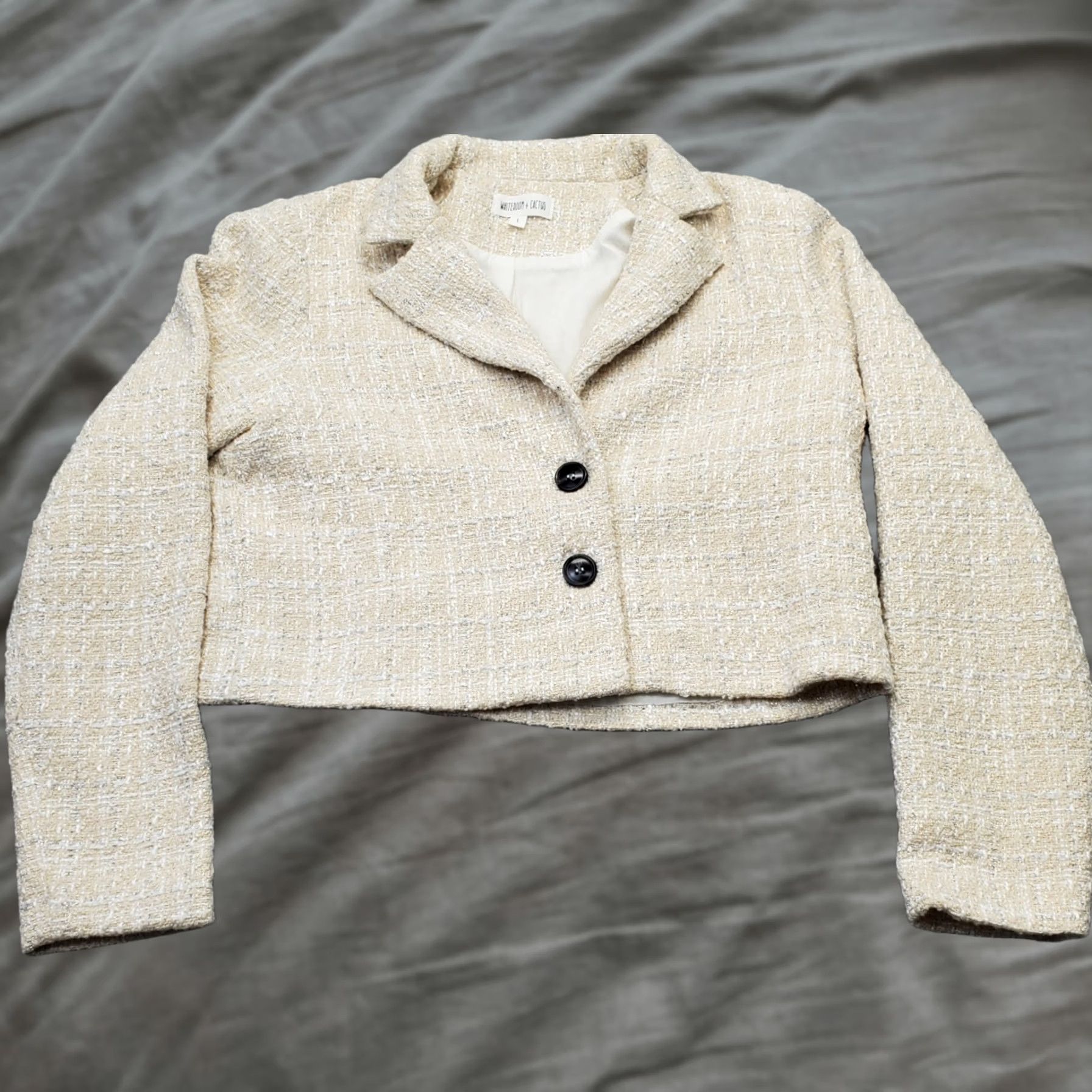 Vintage Whiteroom + Cactus Tweed Cropped Blazer Womens Size L Tan Lined Peak Lapel EUC Jacket Size L / US 10 / IT 46 - 1 Thumbnail