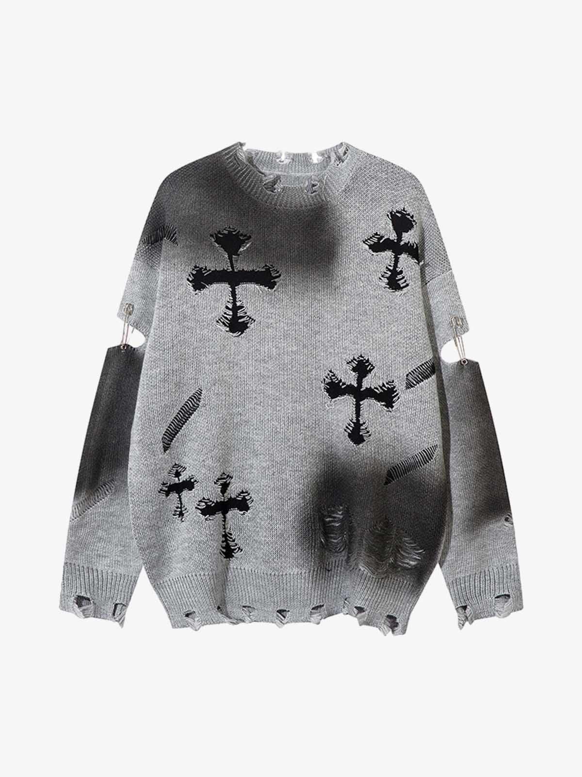 Japanese Brand Gray Distressed Knit Sweater with Cross Design Size US M / EU 48-50 / 2 - 1 Thumbnail