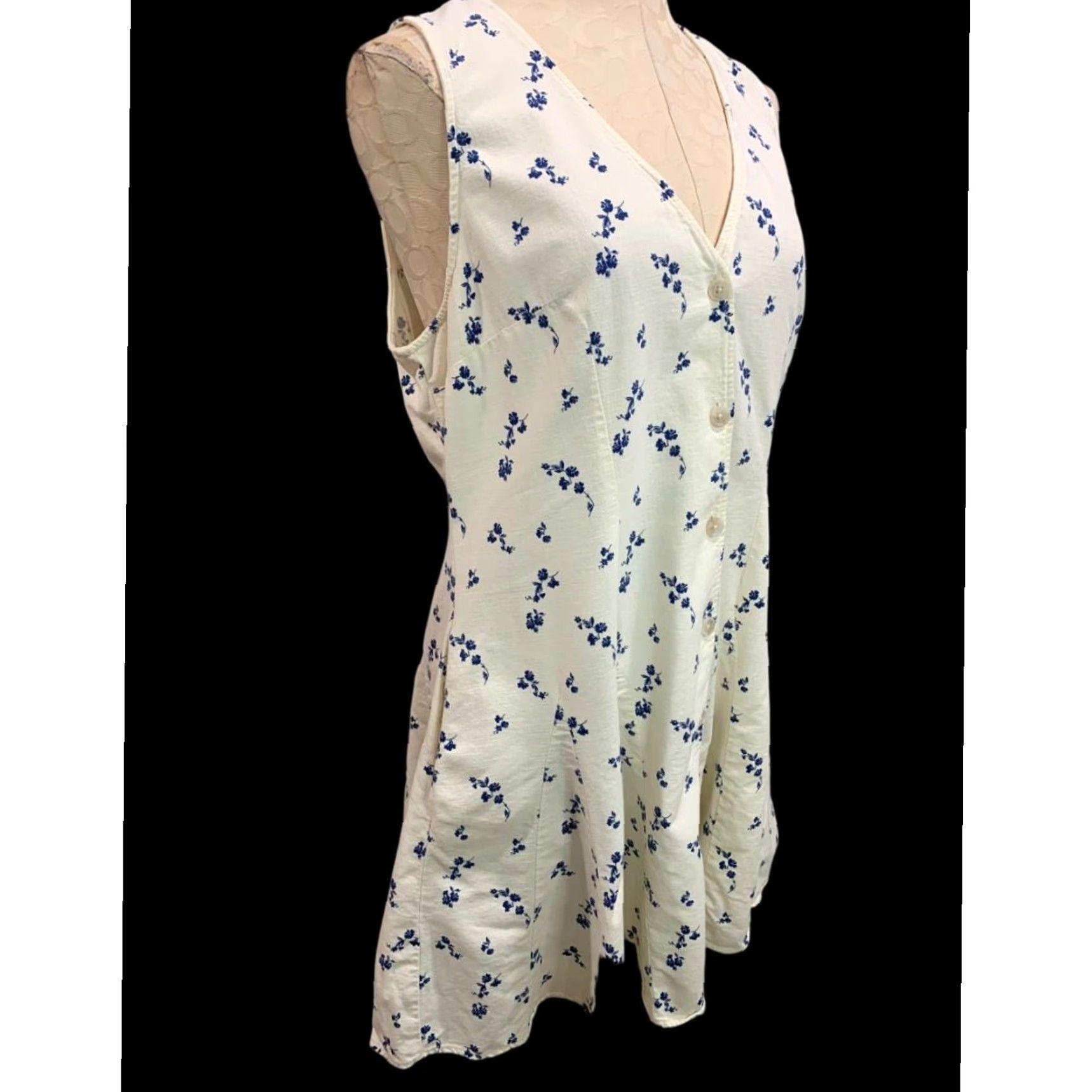 Vintage Universal Thread A-Line Sleeveless Button Up Dress Women L Ivory Blue Floral Size L / US 10 / IT 46 - 2 Thumbnail