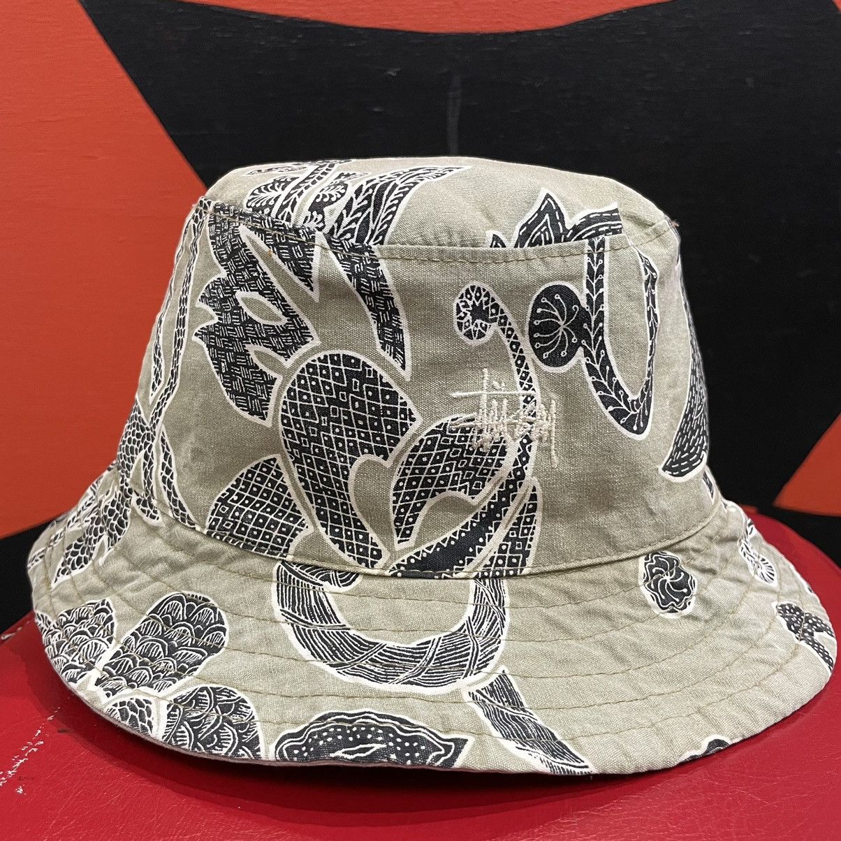 image of 80’S 90’S Stussy Bucket Hat Tan Paisley Logo Embroidered, Men's
