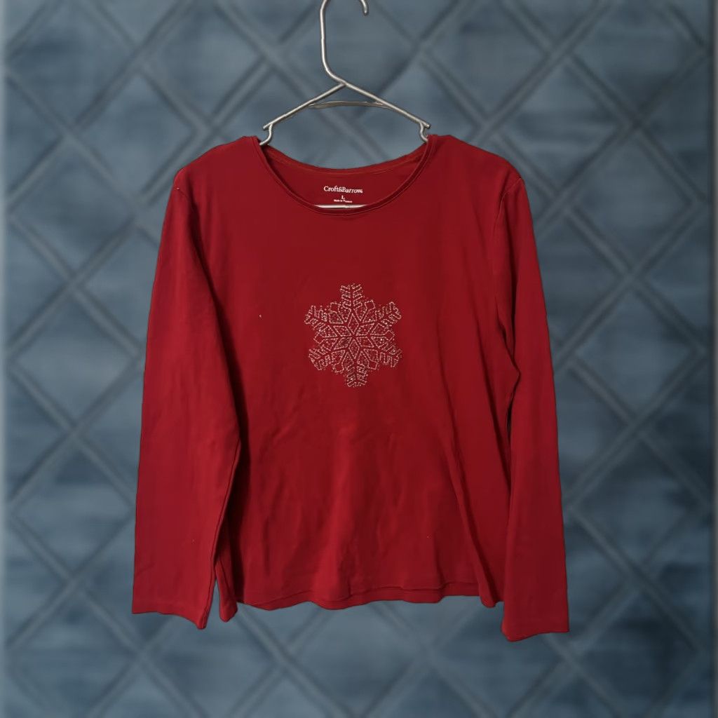 Croft & Barrow Ladies Croft & Barrow Large Red Snowflake Silver Embroidered Long Sleeve T Shirt Size L / US 10 / IT 46 - 1 Thumbnail