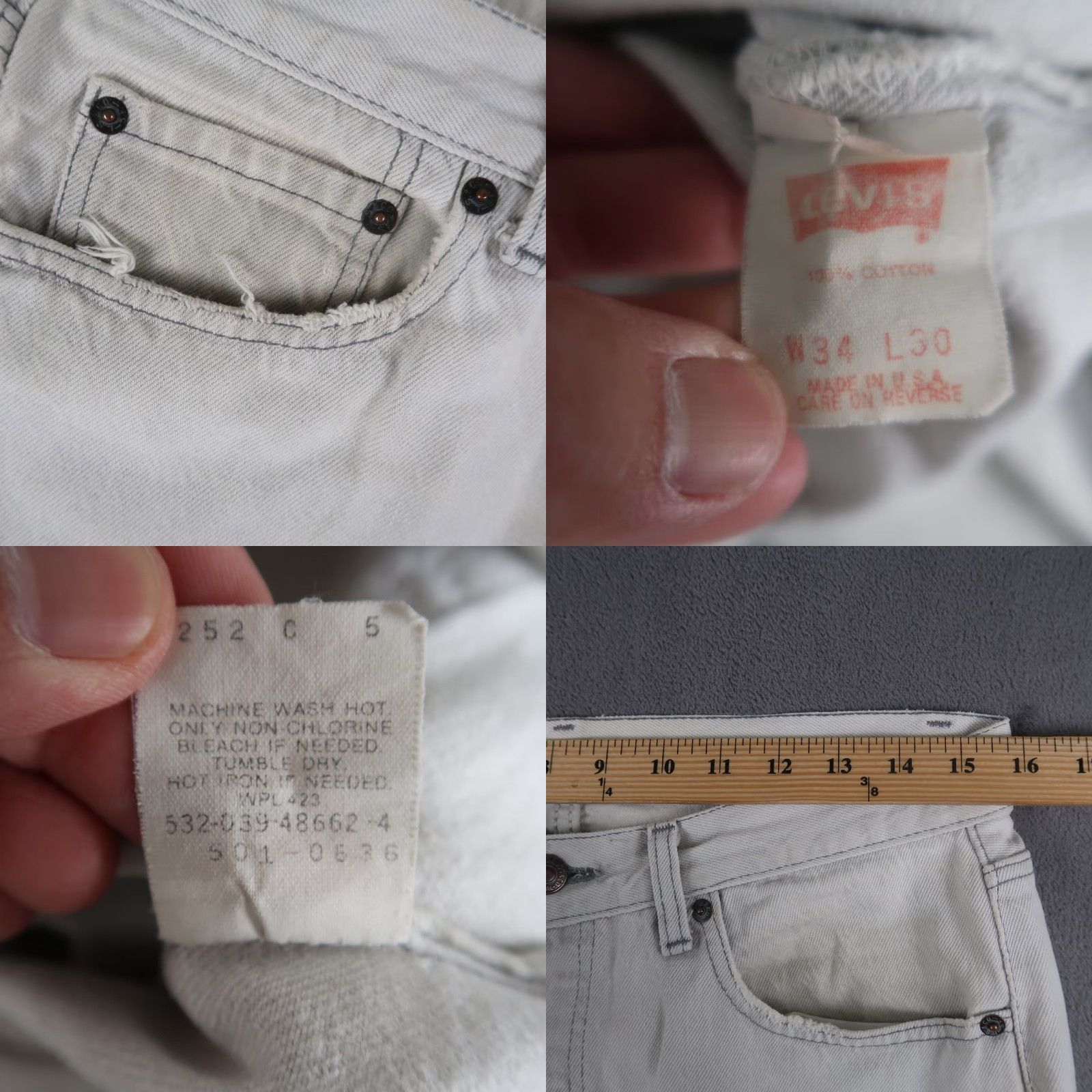 Vintage Levi's 501 Jeans 34x30 Regular Fit Straight Denim Light Gray Men 90s USA