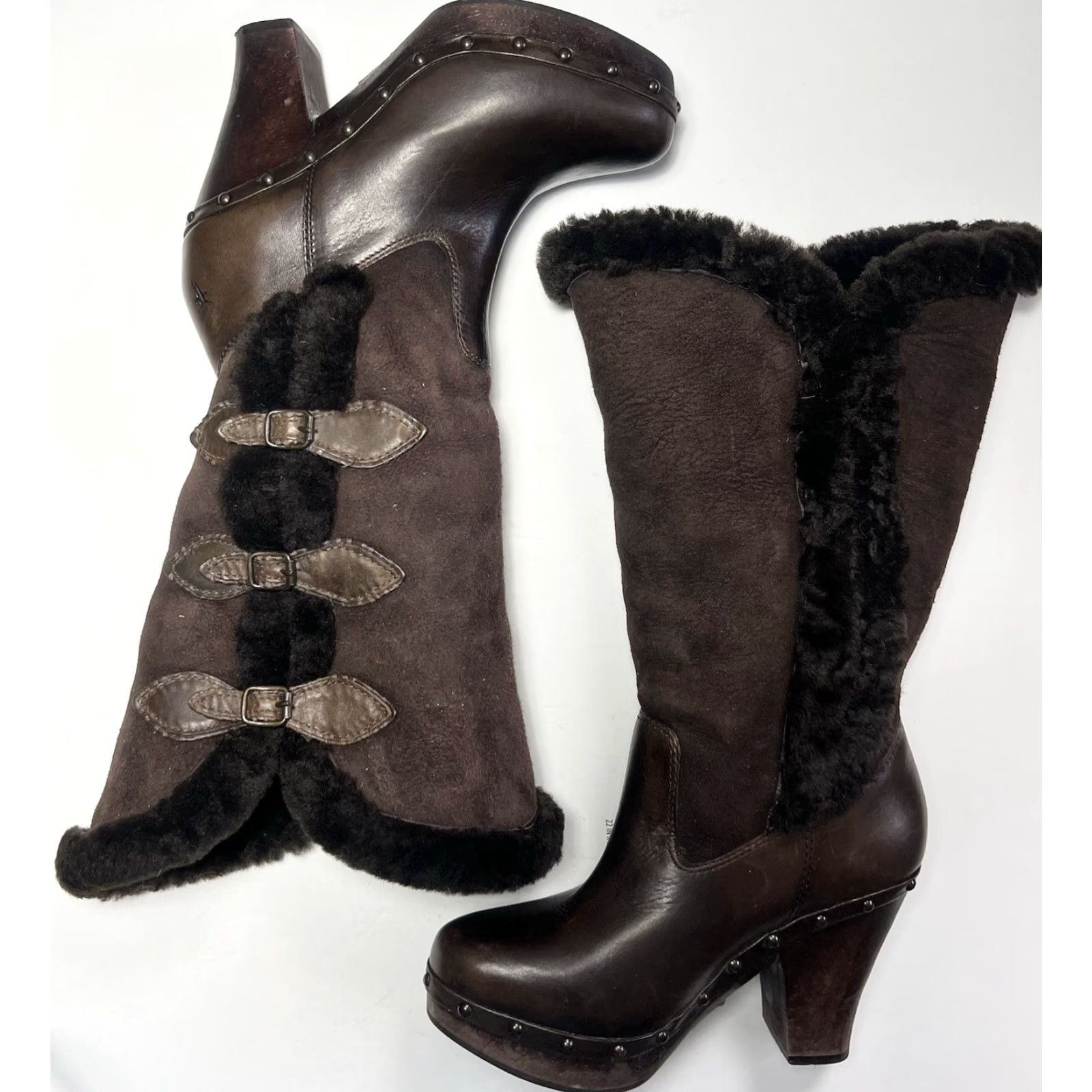 Frye Frye Boots Women 7B Brown Leather Shearling Sheepskin Buckle Ella Winter Size US 7 / IT 37 - 4 Thumbnail
