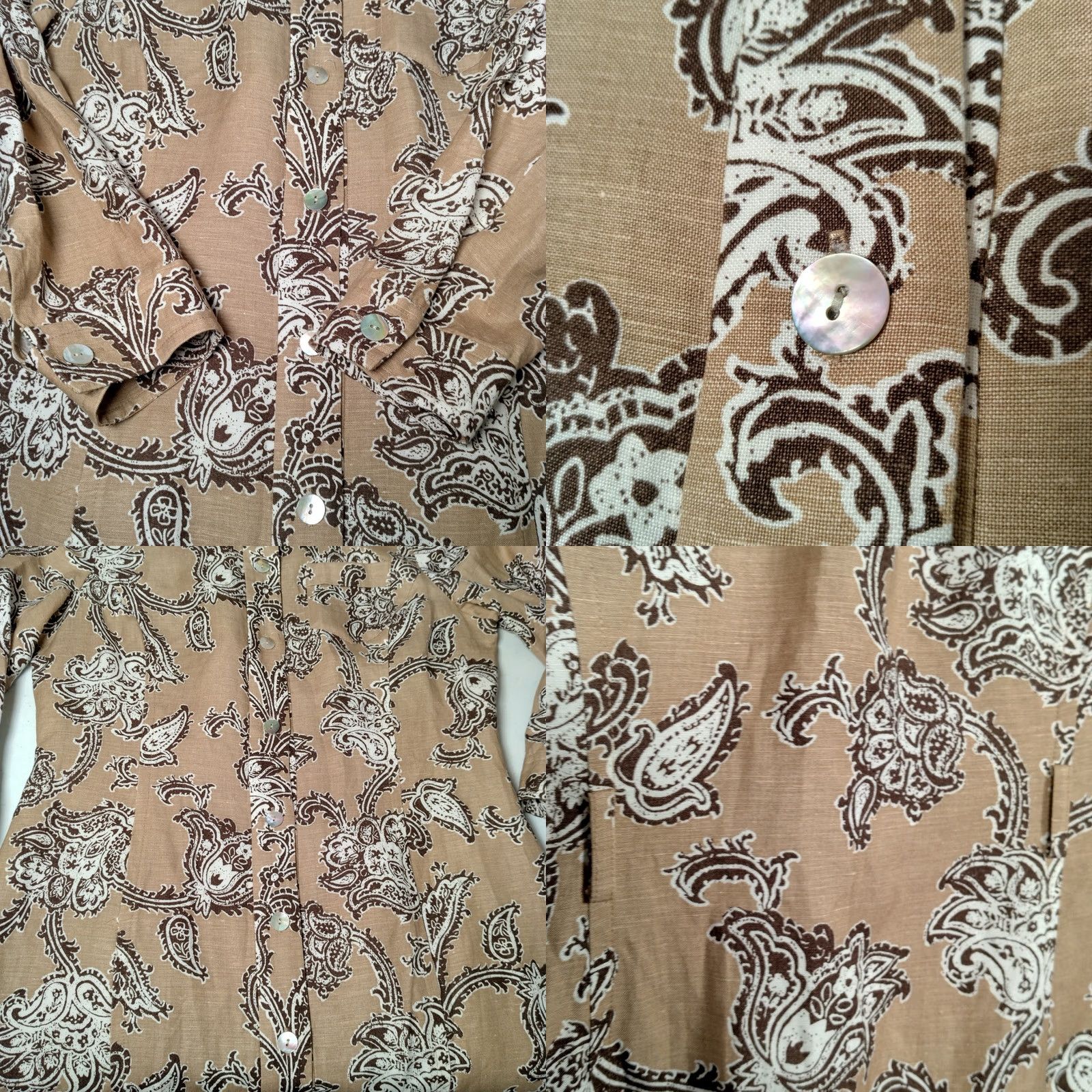 Kasper Kasper Shirt Dress Size 8 Button Front Collared 3/4 Sleeve Brown Floral Paisley Linen Rayon Knee Length Women Dress Size M / US 6-8 / IT 42-44 - 8 Thumbnail