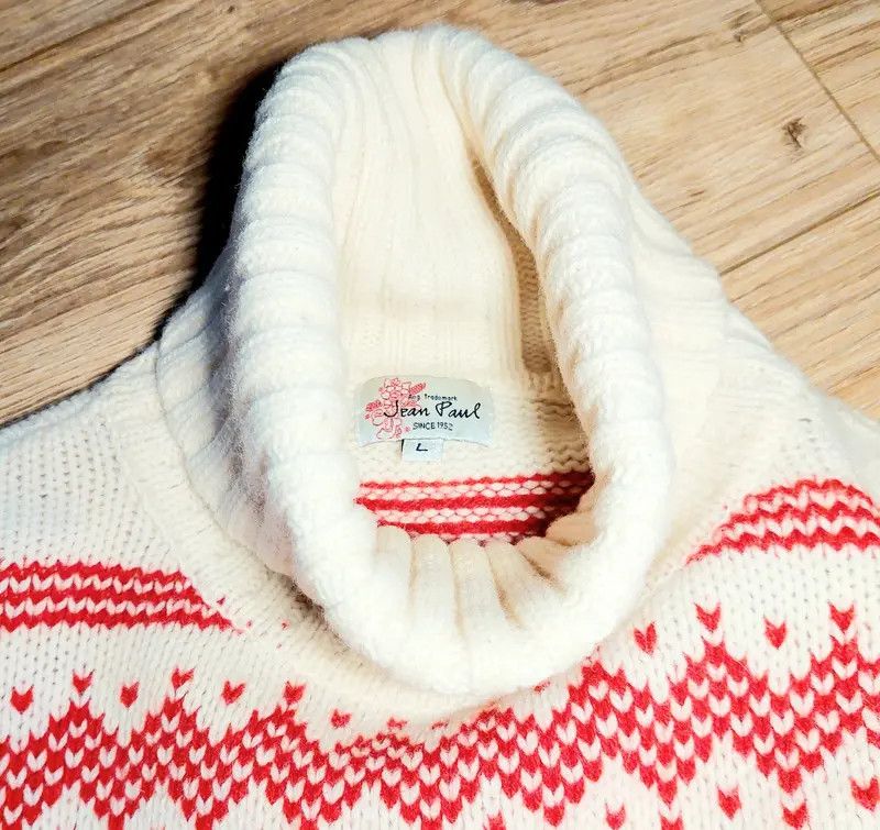 Other 100% wool sweater turtleneck Jean Paul ecru red thick weave Size L / US 10 / IT 46 - 3 Thumbnail