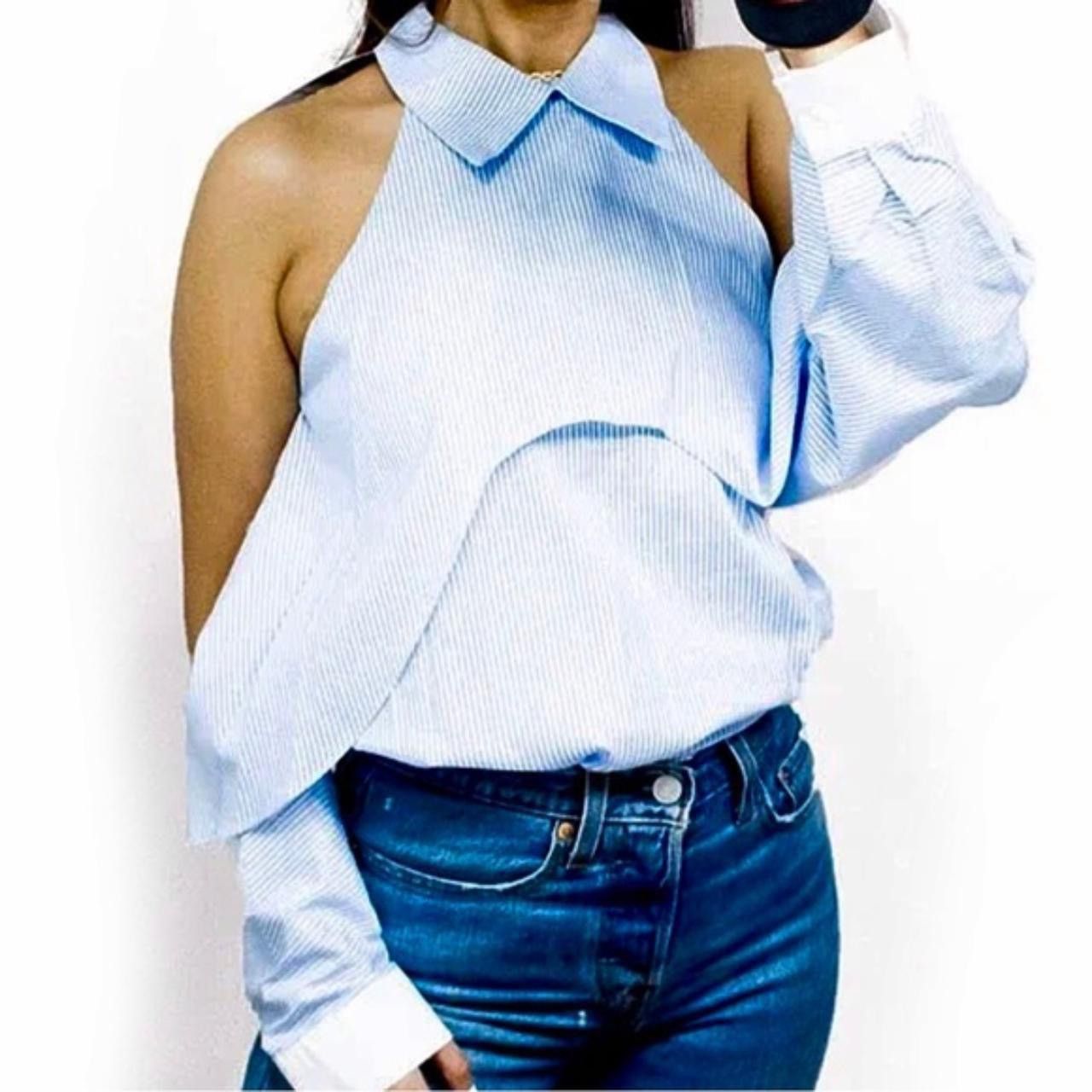 Central Park West Central Park West Striped Fold Over Cold Shoulder Shirt Size S / US 4 / IT 40 - 7 Thumbnail