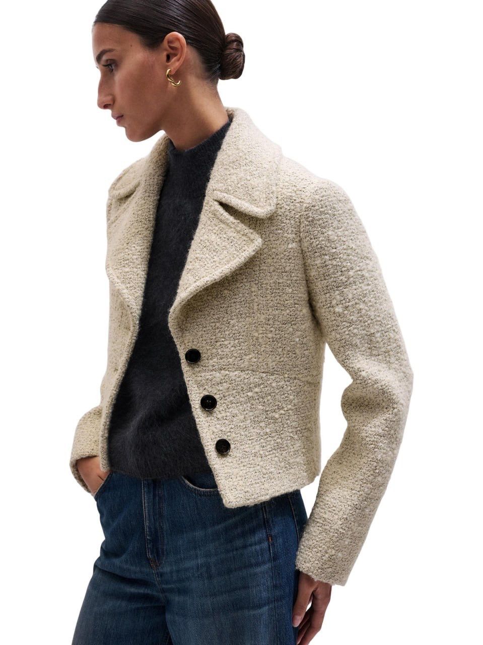 ME+EM Me+Em Meanden Tweed Crop Blazer Button Jacket Wool Blend Size XL / US 12-14 / IT 48-50 - 3 Thumbnail
