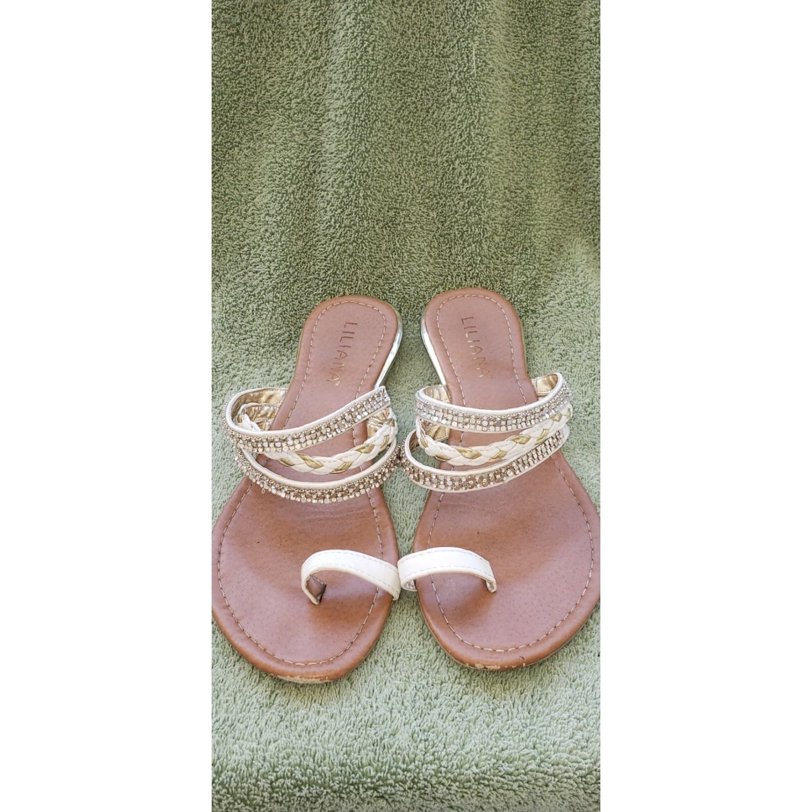 Vintage Liliana Toe Sling Sandal Slide In White Leather 2 Rhinestone Bands Gold Band 100% Leather Size 10M Women Shoes Size US 8 / IT 38 - 3 Thumbnail