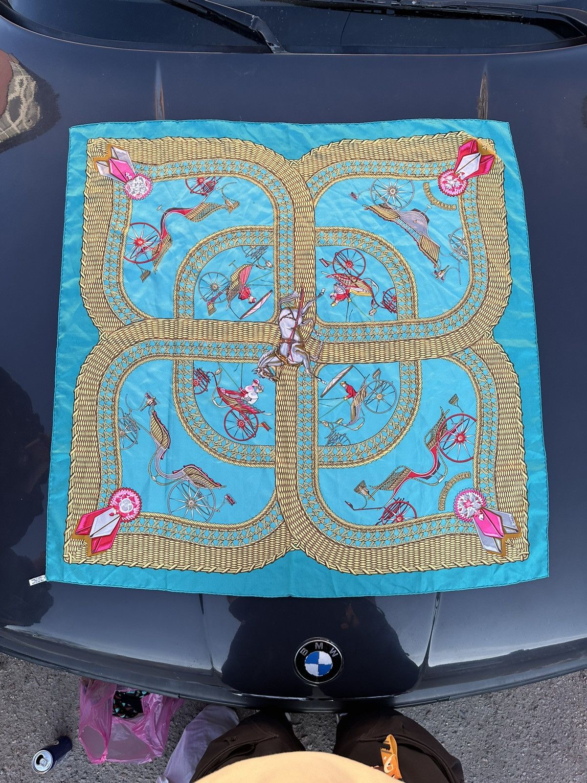 image of Hermes Vintage Hermès Les Voitures Paniers Silk Scarf in Blue, Men's