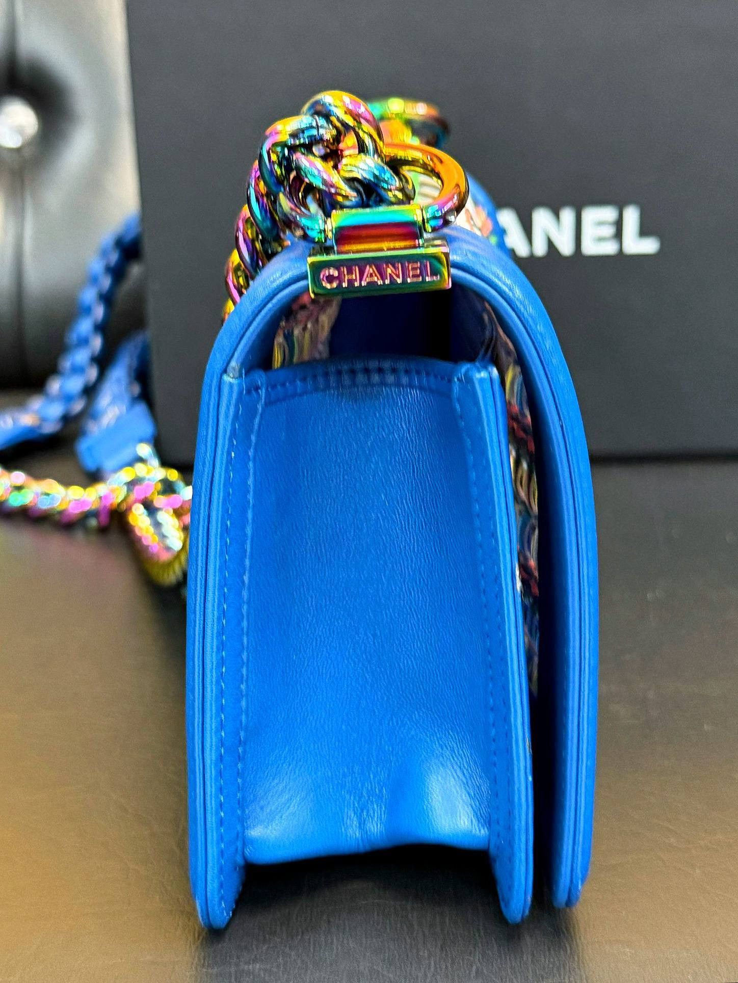 Chanel Chanel Old Small Boy Flap Bag Blue Rainbow Woven PVC Size ONE SIZE - 4 Thumbnail