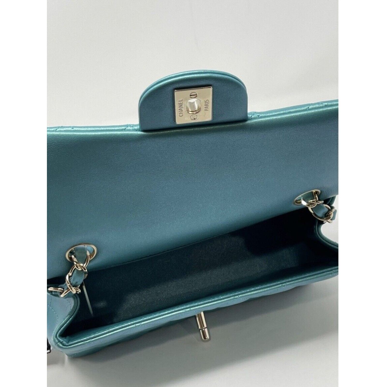 Chanel Mini Rectangular Classic 21S Green Iridescent Flap