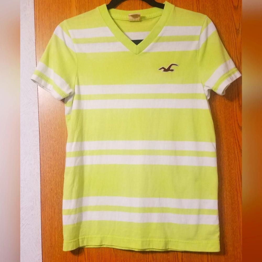 Designer Hollister Lime Green Striped V-Neck T-Shirt Size US S / EU 44-46 / 1 - 1 Thumbnail