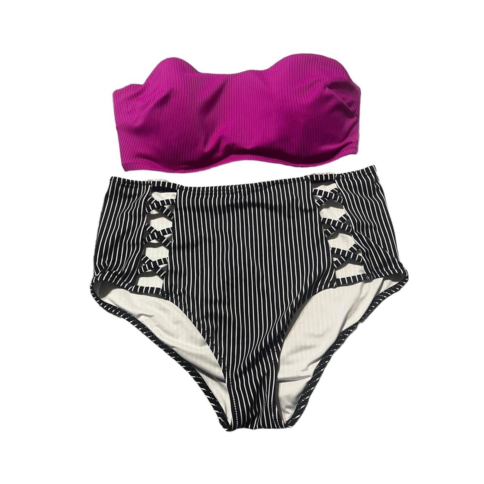 Other Shade & Shore Stripe Bikini M, 36D Bandeau High Waisted Size ONE SIZE - 2 Thumbnail