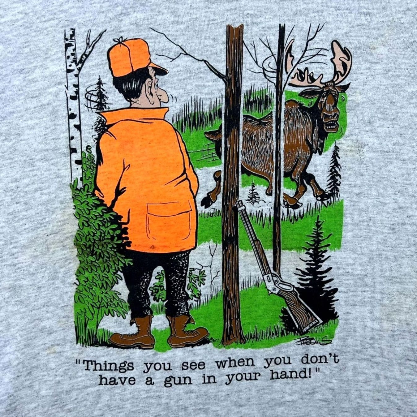 Jerzees VINTAGE Jerzees Cartoon Hunter Graphic T-Shirt Mens M Grey 90s Stitch Single Stitch Size US M / EU 48-50 / 2 - 4 Thumbnail