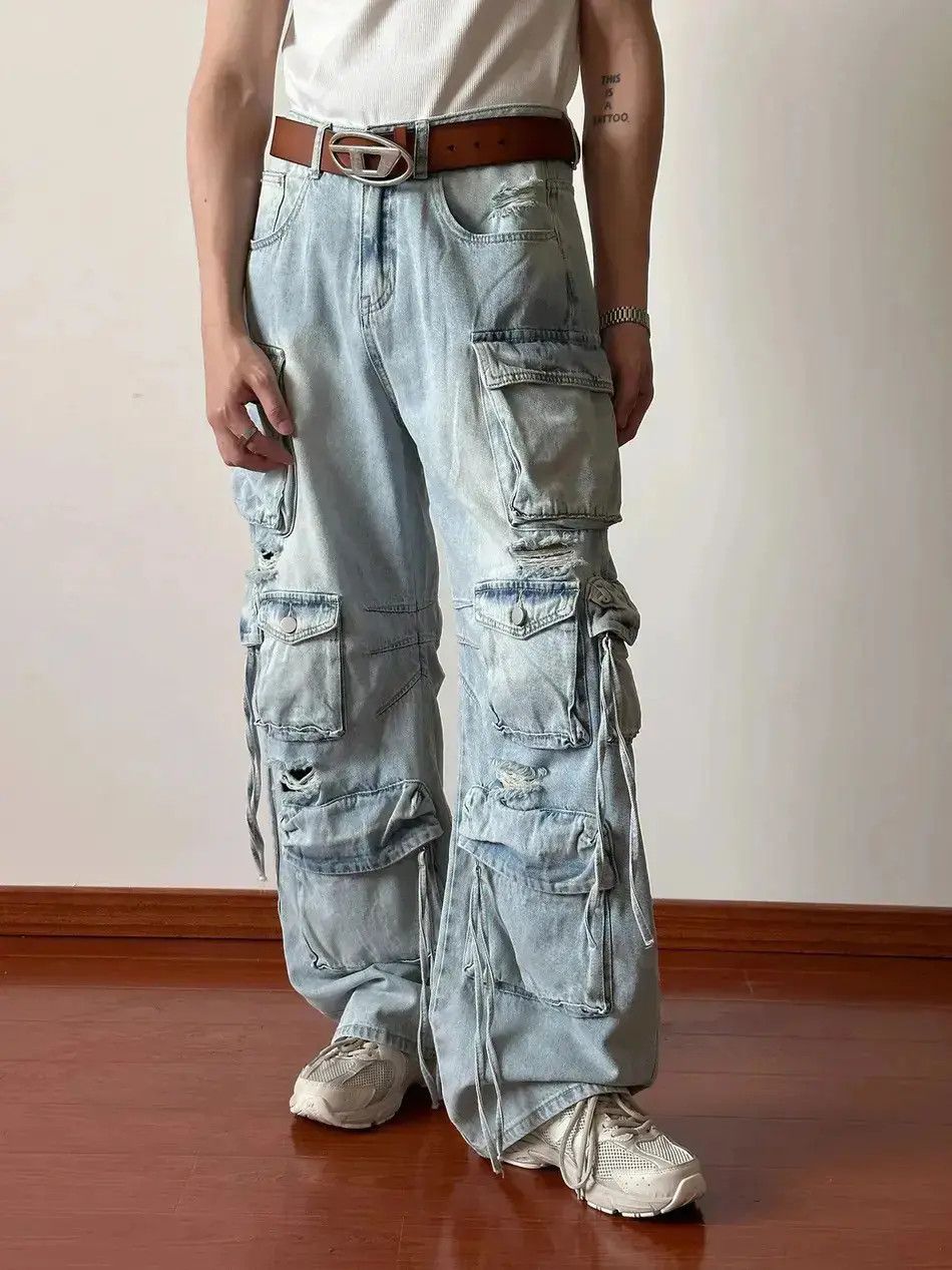 Japanese Brand Frayed loose jeans pockets ripped wide legs retro style Y2K Size US 32 / EU 48 - 3 Thumbnail