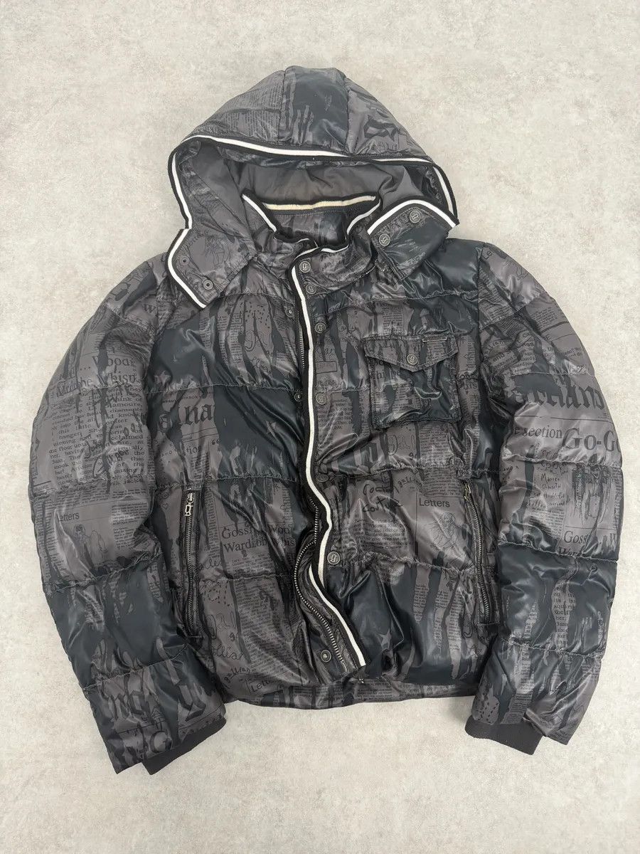 John Galliano AW2010 John Galliano Magazine Newspapers Black & Brown Hooded Puffer Jacket Size US L / EU 52-54 / 3 - 7 Thumbnail