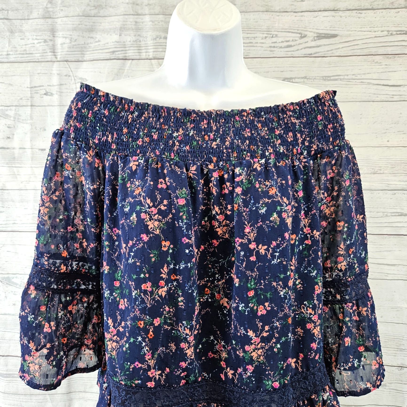 Vintage Skies Are Blue Womens Off The Shoulder Top Petite Small Blue Floral 3/4 Sleeve Blouse Size S / US 4 / IT 40 - 2 Thumbnail