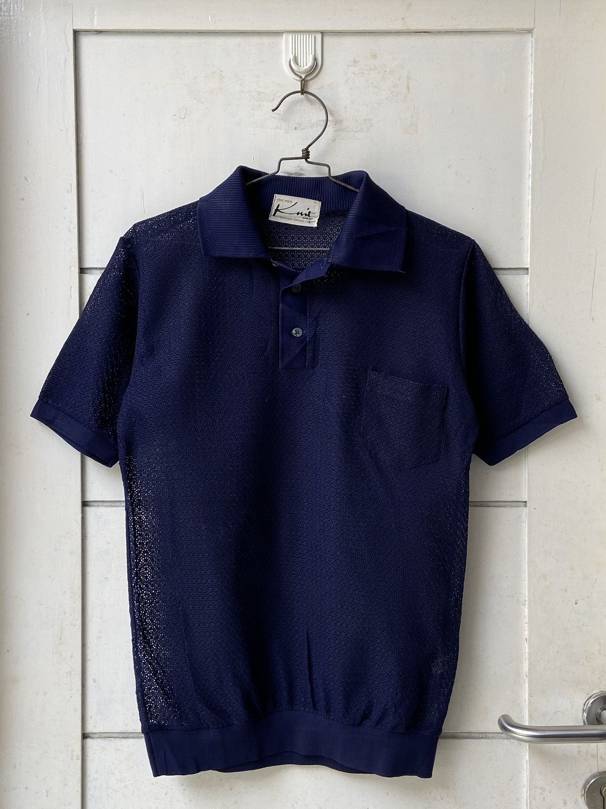 image of Yohji Yamamoto Knit Wear For Men Navy Mesh T-Shirt (Size Small)
