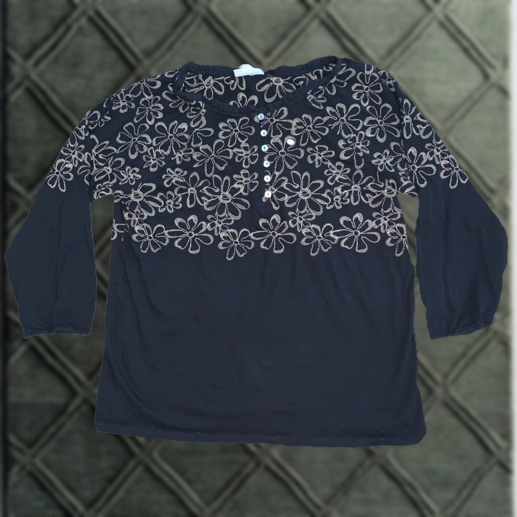 J. Jill J Jill Shirt XS Black Embroidered Floral 3/4 Sleeve Button Pullover Blouse Size XS / US 0-2 / IT 36-38 - 1 Thumbnail