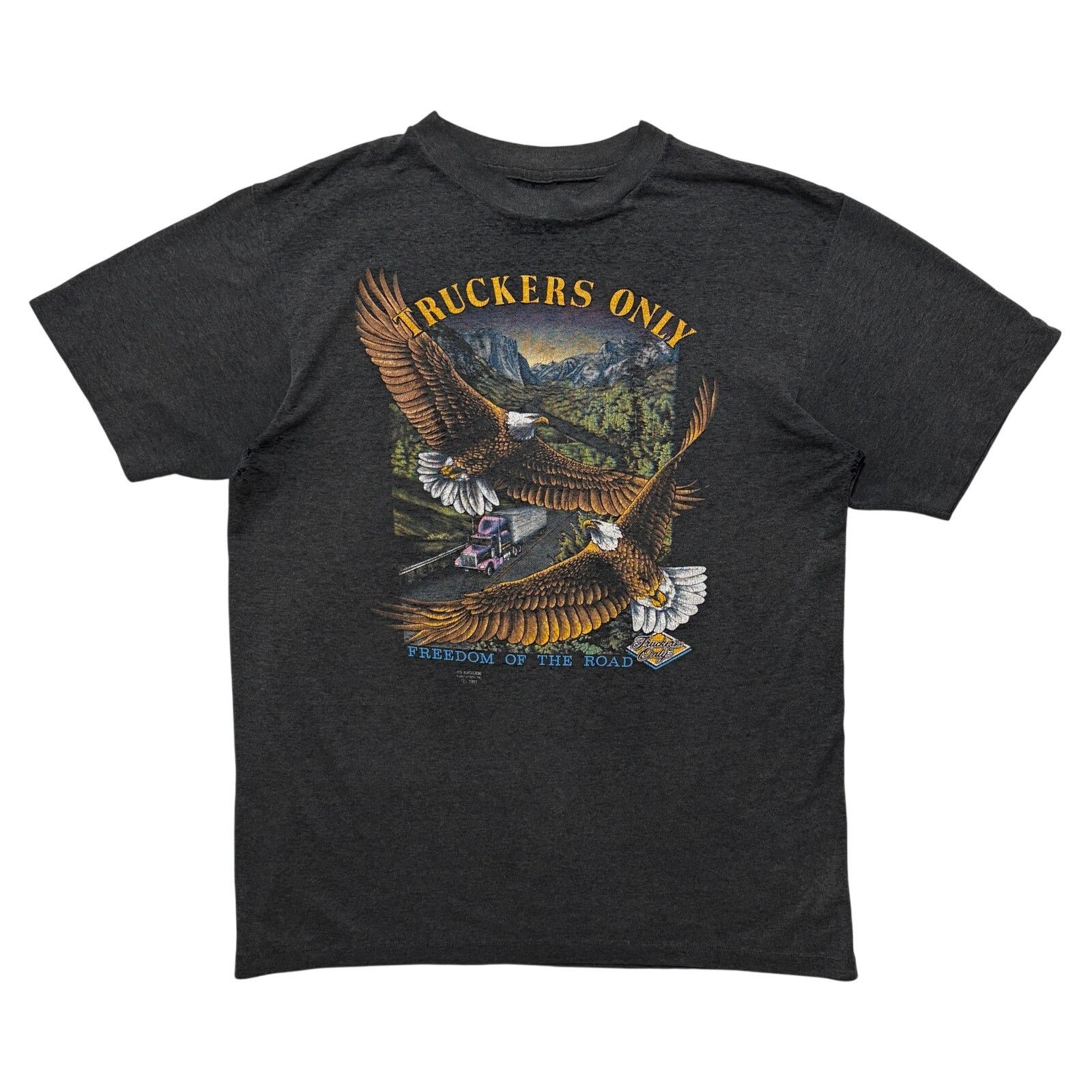 VTG 80s 3D Emblem Freedom Of The Road T-Shirt Black