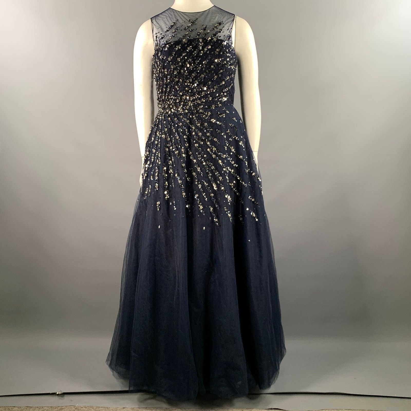Carolina Herrera CAROLINA HERRERA Size 14 Navy Silver Nylon A-Line Long Gown Size XL / US 12-14 / IT 48-50 - 1 Thumbnail