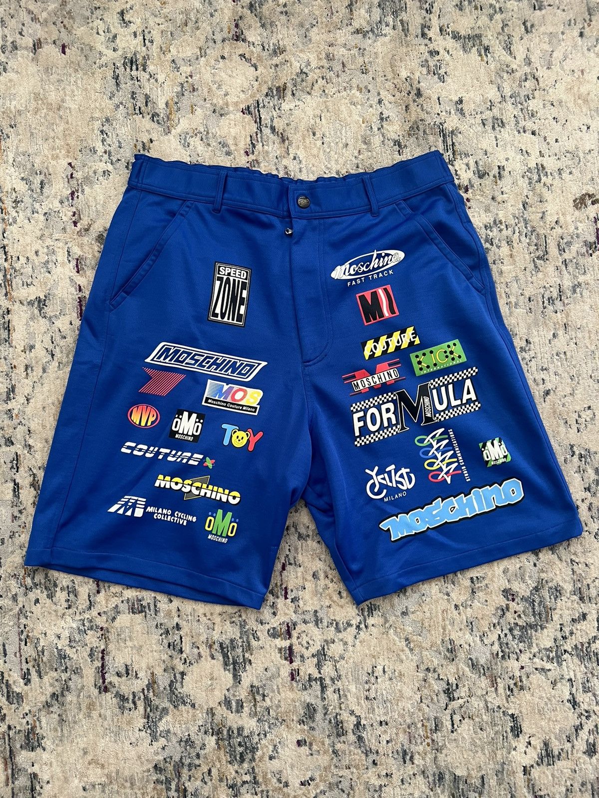 Moschino RaceCar Jersey store Shorts, XL, Blue/Multi Print