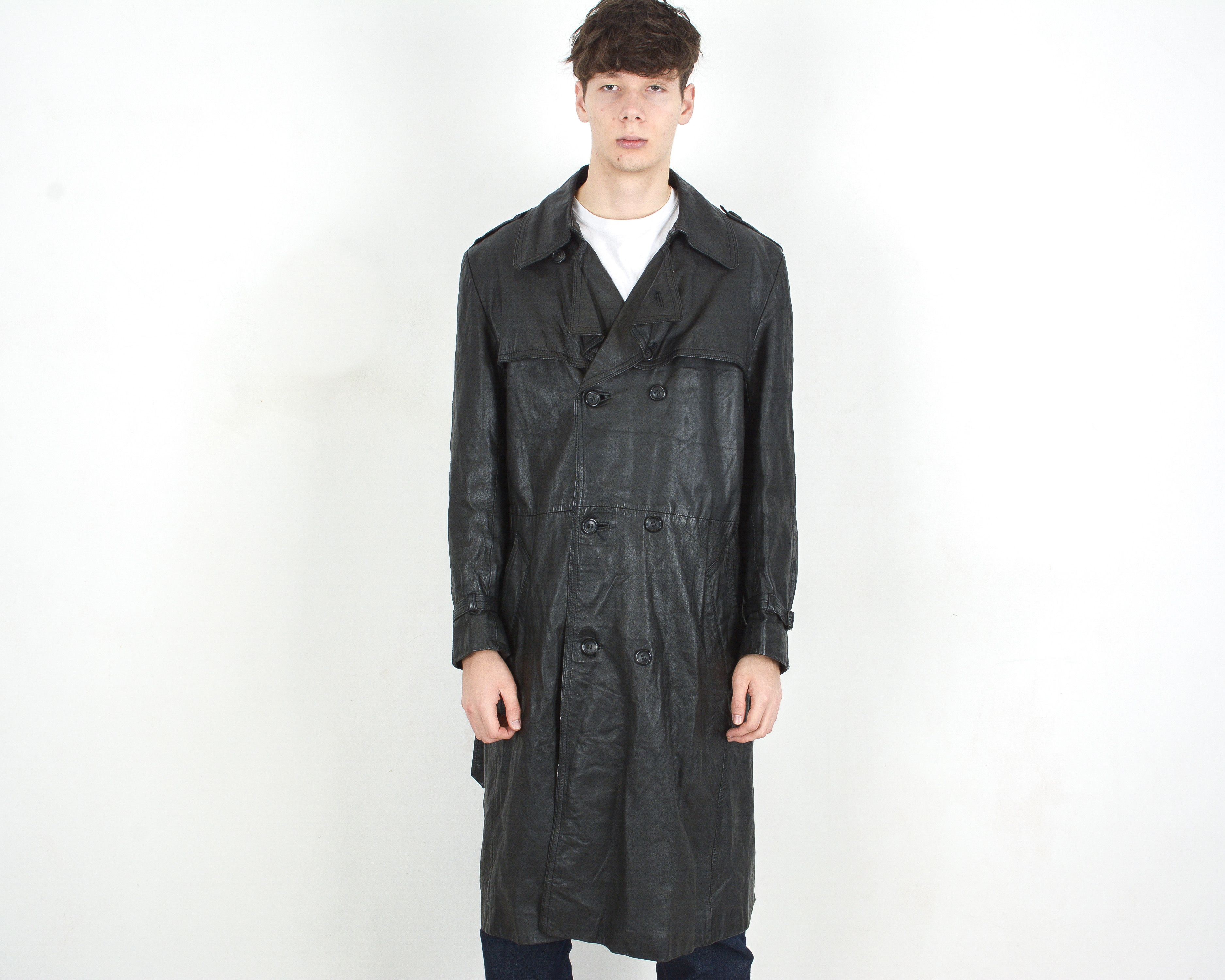 Band Tees × Vintage Leather Coat belted & insulated L Jacket Double breasted mac Size US L / EU 52-54 / 3 - 1 Thumbnail