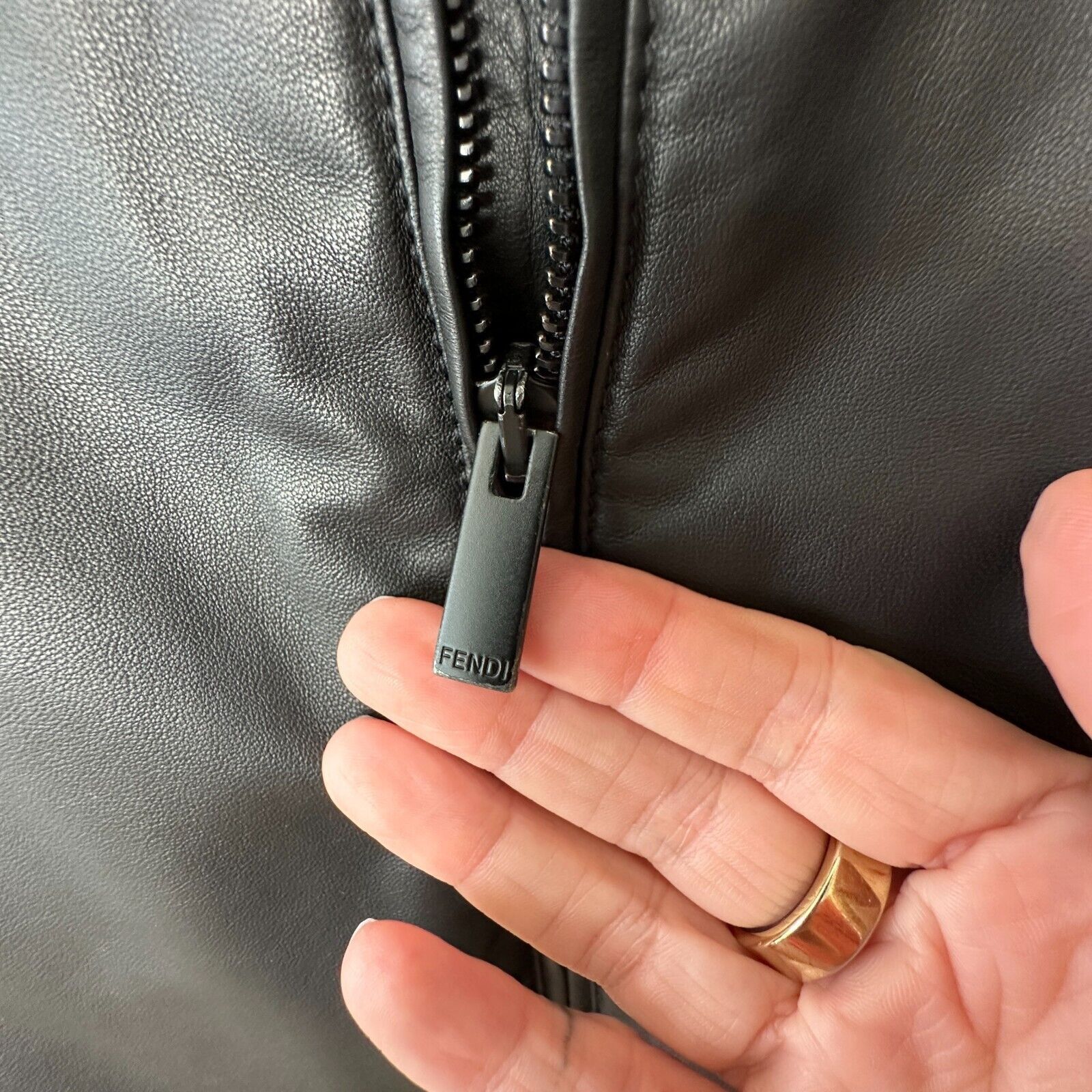 Fendi Fendi Black Leather Embossed Monogram Front Hooded Jacket Size US L / EU 52-54 / 3 - 10 Thumbnail