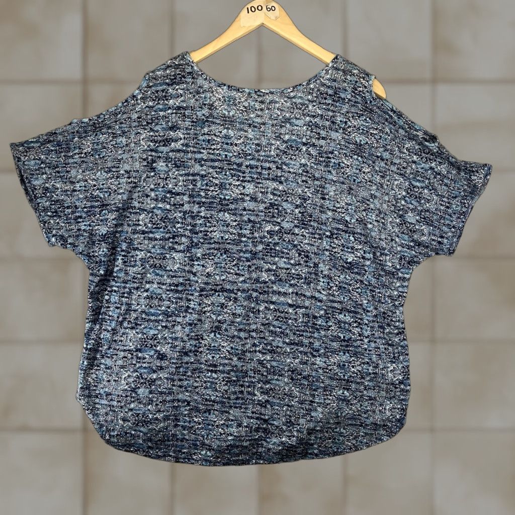 Faded Glory Faded Glory Women's Blouse Tunic Short Sleeve Cold Shoulder 3X Blue Gray Bling Geometric Knit Polyester Cotton V-Neck Pullover Mens? Size XXL / US 16-18 / IT 52-54 - 1 Thumbnail