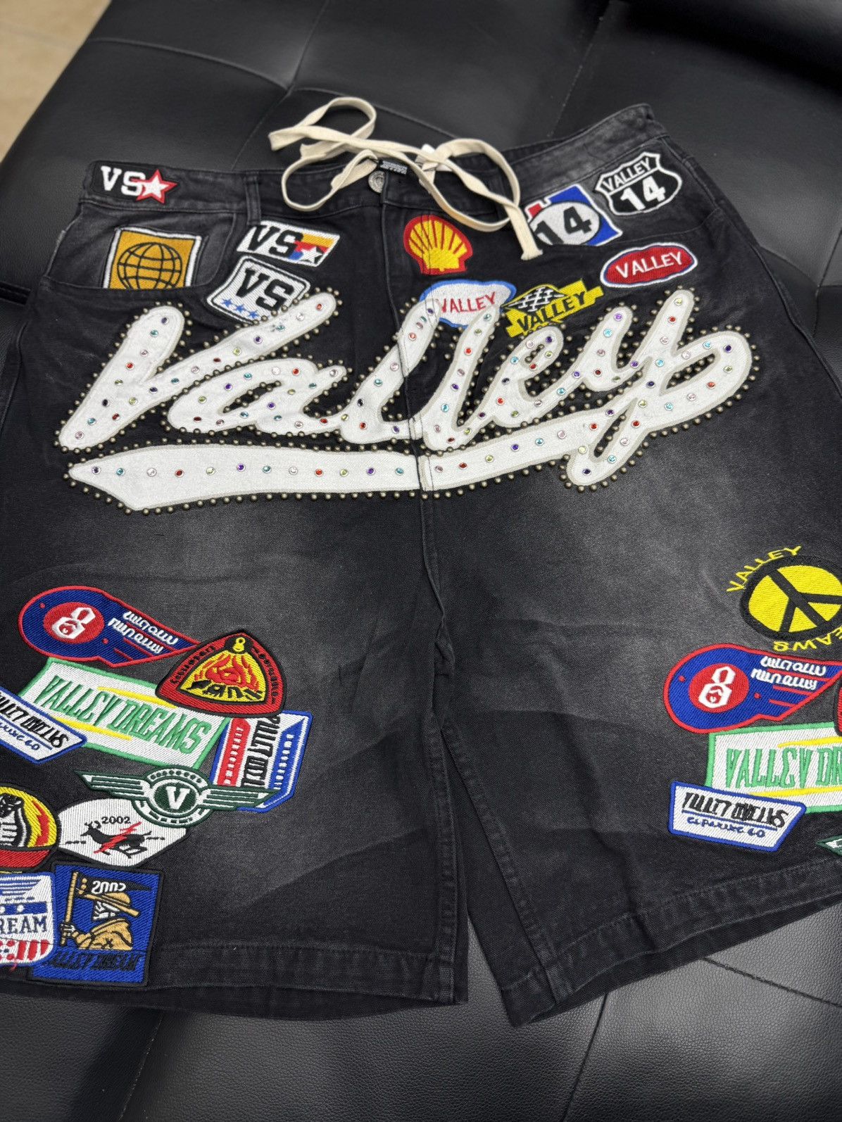 Valley Black Denim Patchwork Shorts Size 36 (Brand New)